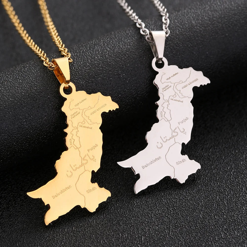 Personalized Sweater Chain Gold Plated Stainless Steel Urdu Pakistan Map Necklace for Couple