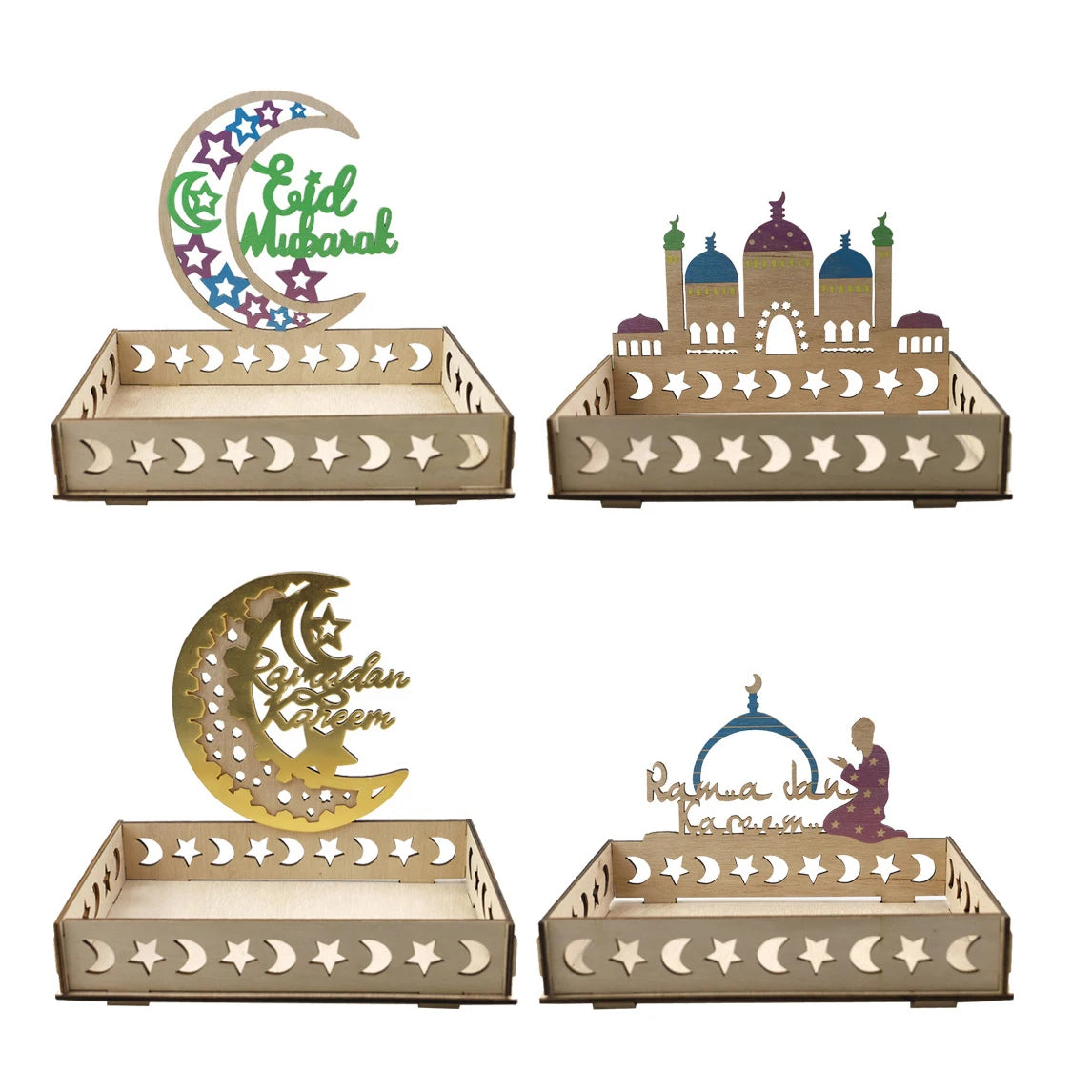 Islam Food Snack Tray Wooden Eid Mubarak Dessert Tray for Muslin Ramadan Party Supplies