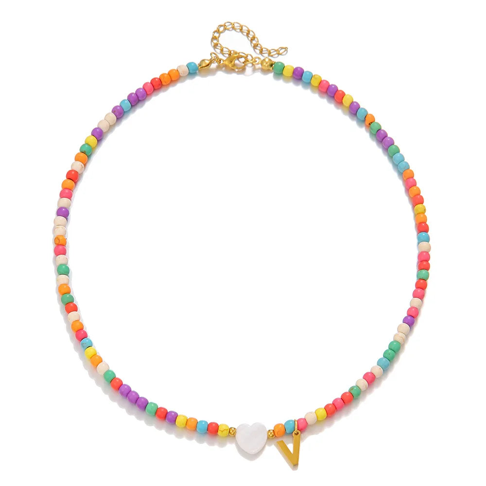 Aesthetic Initial Necklaces Colorful Love Heart Beaded Choker Necklace Stainless Steel Y2K Letter Necklace to My Daugher