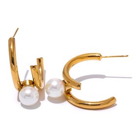 JINYOU 2840 Trendy Pearls Stainless Steel Geometric Huggie Earrings Korean Temperament Anti Allergic Versatile Jewelry