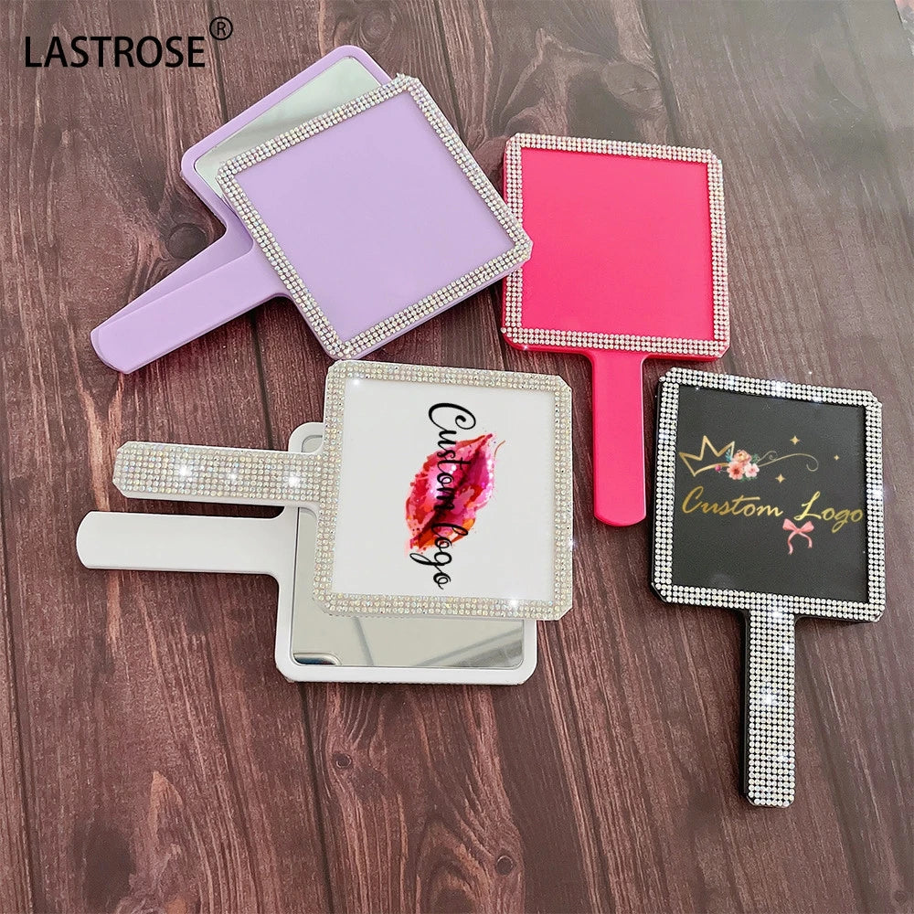 Customized logo Cosmetic Mirror square Shape Bling Rhinestone Design Makeup Mirrors Hand Held Mirrors