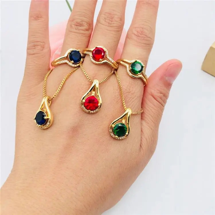 Dubai Gold  Sand Gold Jewelry Brass Gold Plated  Jewelry Drop Shape Round Gemstone Pendant Ring Women'S Fashion Set