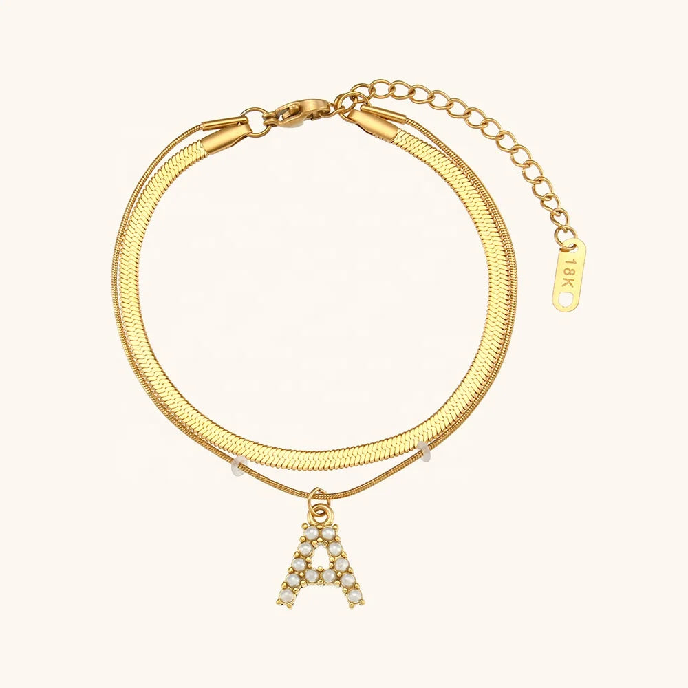 Dingran Imitation Pearl Initial Letter Bracelet 18K Gold Plated 316L Stainless Steel Trendy Unisex Wedding Party Gift