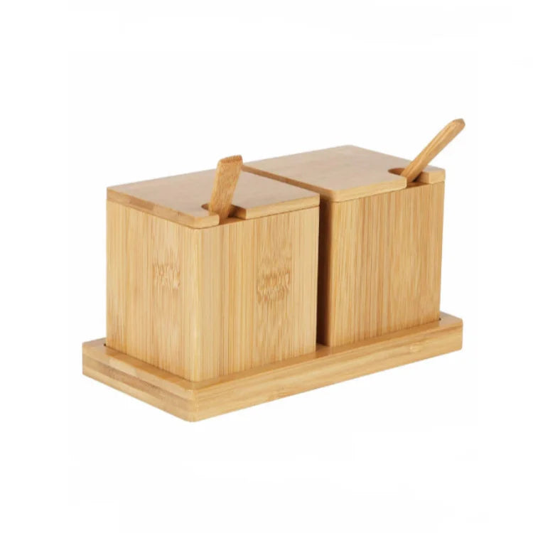 Double Bamboo Seasoning Pot Wooden Spice Storage Boxes With Cover