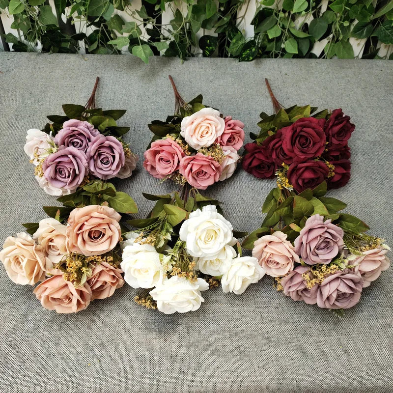 New 11 Heads Silk Rose Wedding Layout Flower Bouquet Home Desktop Decorations Fake Roses