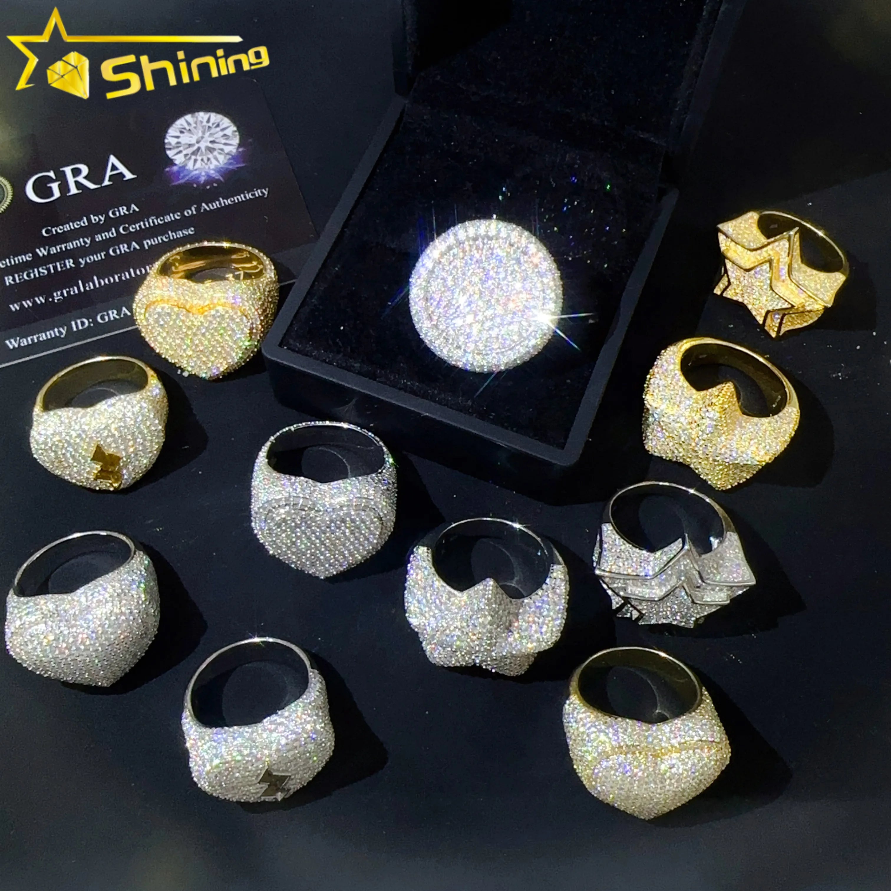 Shining Jewelry Luxury Diamond Rings Hip Hop 925 Silver Moissanite Engagement Rings with GRA Certificate