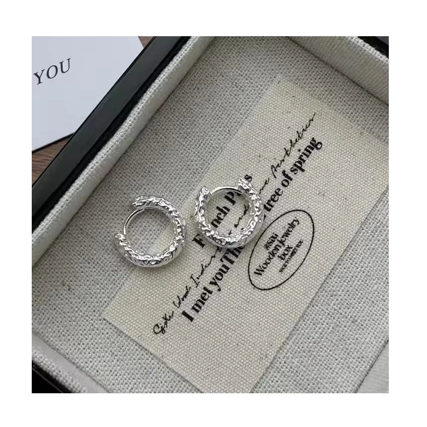 Geometric Women Female 925 Sterling Silver Wrinkled Texture Round Hoop Earrings on Ear Jewelry