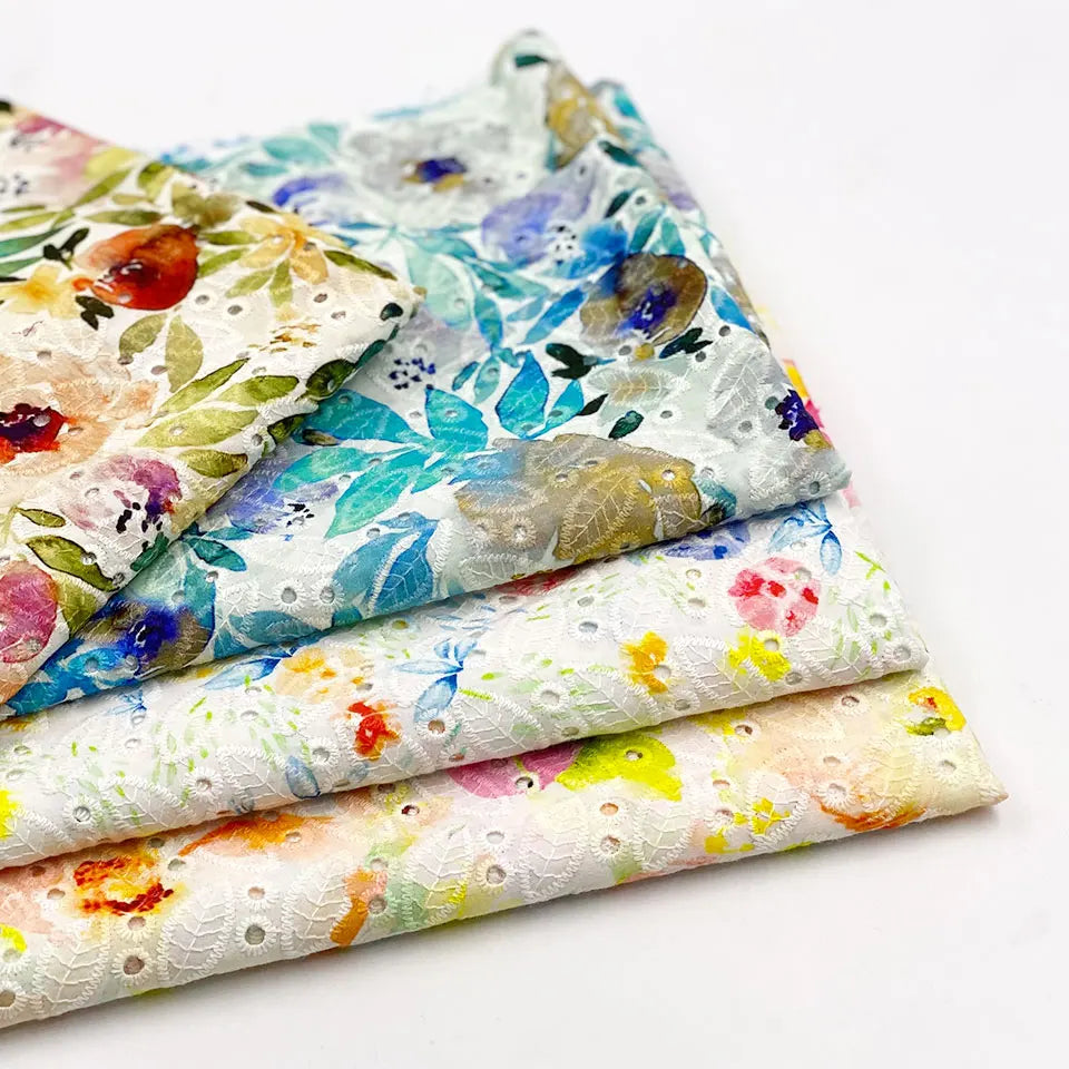 Hollow Out Women Dress Material Custom Pattern Poplin Digital Printing Eyelet Cotton swiss Voile Lace Embroidery Fabric