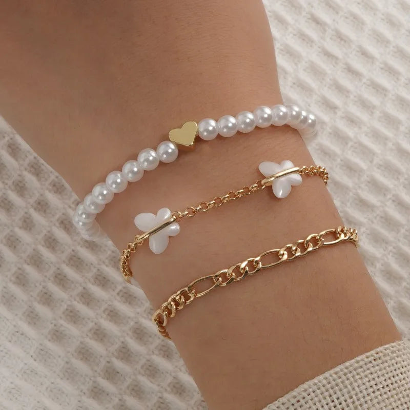 3pcs/set Irregular Imitation Pearl Bracelet for Women Temperament Butterfly Shell Chain Pearl Beading Cuban Chain Bracelet