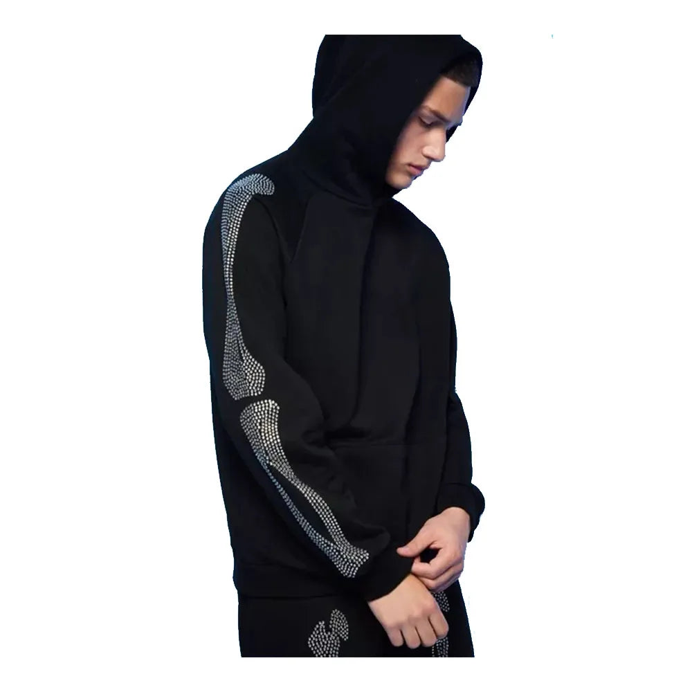 KY Oversized Glitter Rhinestone Tracksuit for Adults 400gsm Skeletal Detail 100% Cotton Hoodie and Sweatpants Set Plus Size"