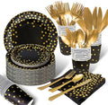 Black&Gold Graduation Birthday Wedding Party Disposable Tableware Set Gold Dots Black Paper Plates Napkins Cups Cutlery Supplies