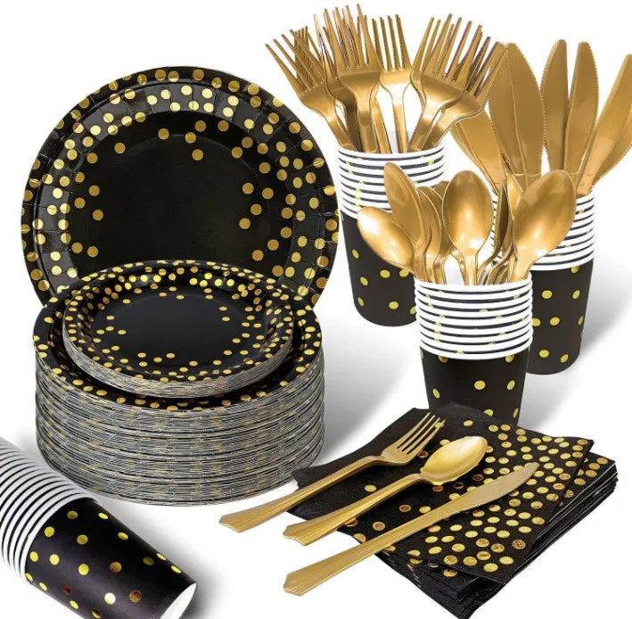 Black&Gold Graduation Birthday Wedding Party Disposable Tableware Set Gold Dots Black Paper Plates Napkins Cups Cutlery Supplies