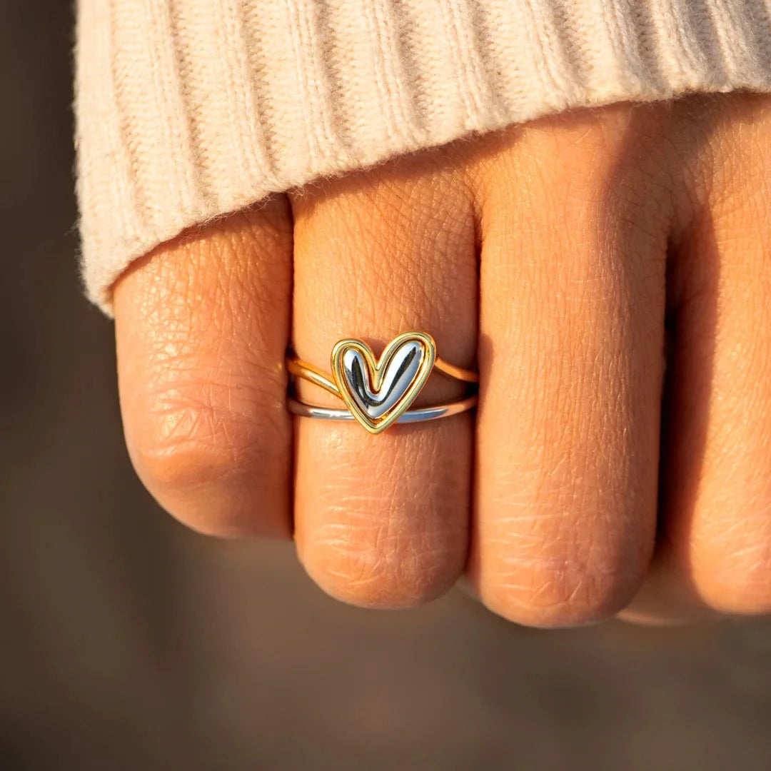 China Wholesale 925 Sterling Silver Double Heart Shape Couple Rings Two Tone Gold Plated Ring Sets for Girls Women