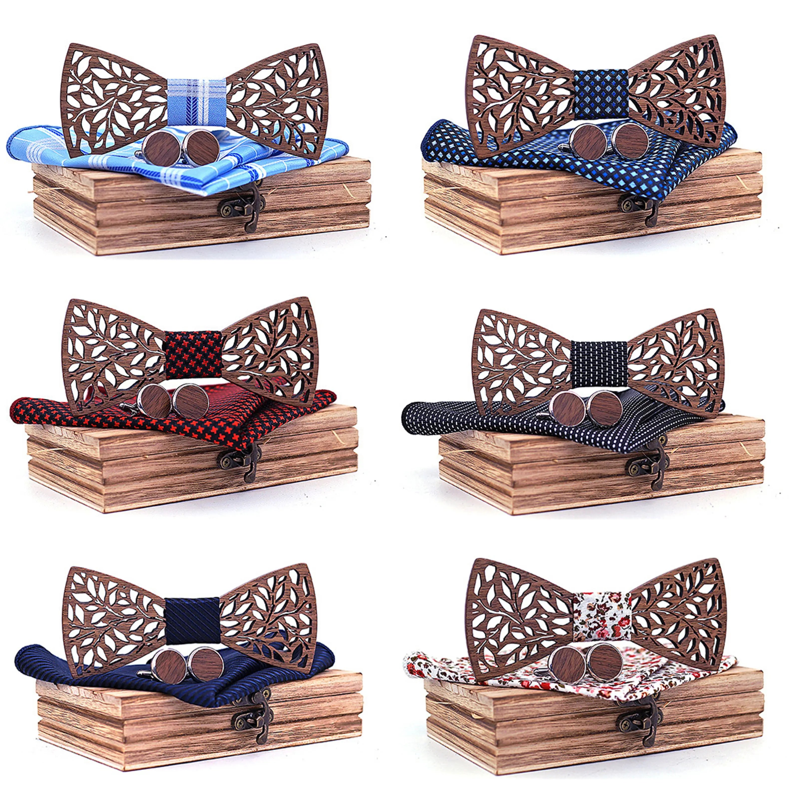 Men's Casual Bow Tie Set Embroidered Pattern Wood Hollow-out Design Handkerchief and Cufflinks in Polyester-Cravats