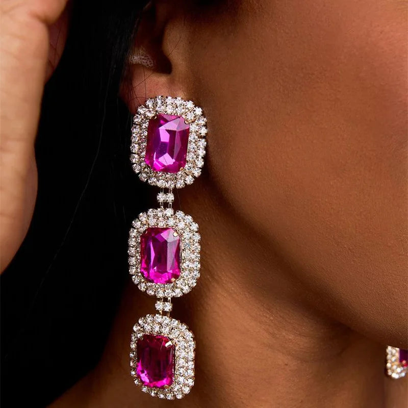 Luxury Full Diamond Statement Earrings for Women Big Crystal Rhinestone Gold Plated Drop Dangle Alloy Jewelry