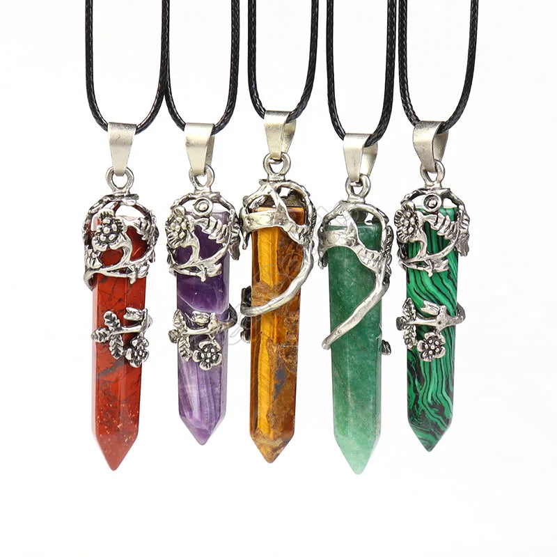 Natural Point Stick Stone Pendants Antique Silver Flower Stone Gemstone Pendant for NECKLACES Jewelry Making