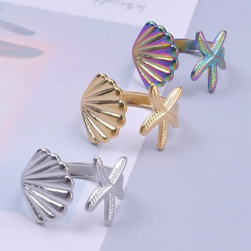 Wholesale 3 Colors Adjustable Stainless Steel Ring Summer Beach Ocean Animal Shell Starfish Open Rings for Women Men