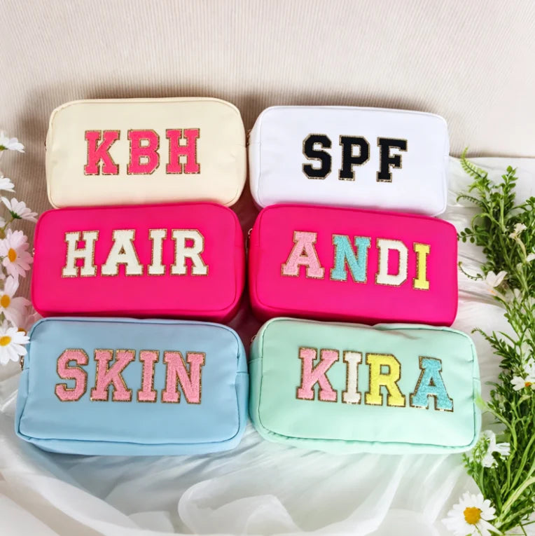 Low MOQ Stock Nylon Custom Embroidery Glitter Chenille Patches Travel Beach Women Holidays Gifts Makeup Small Cosmetic Bags