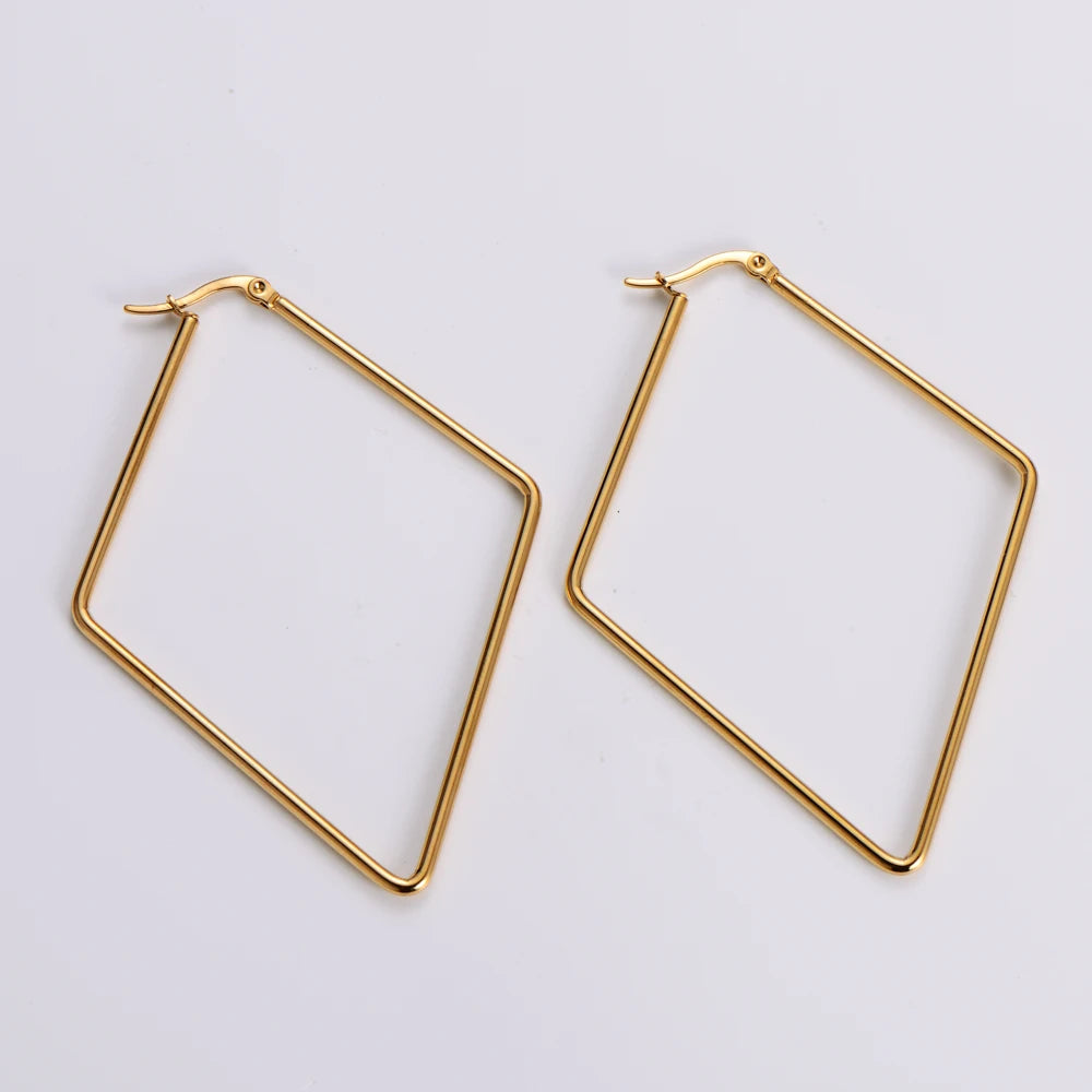 ORDRM Exaggerated Big Women Girl Gold Jewelry Rhombic 18k Gold Plated Stainless Steel Hoop Earrings