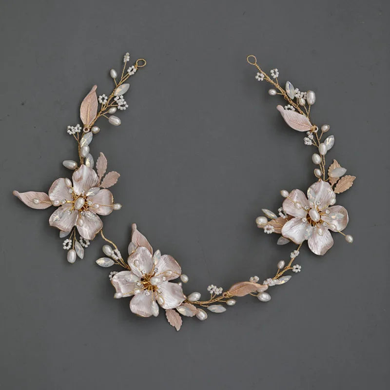 SLBRIDAL Ins Style Rhinestones Opal Crystal Freshwater Pearl Alloy Flower Wedding Headband Bridal Bridesmaids Women Hair Jewelry