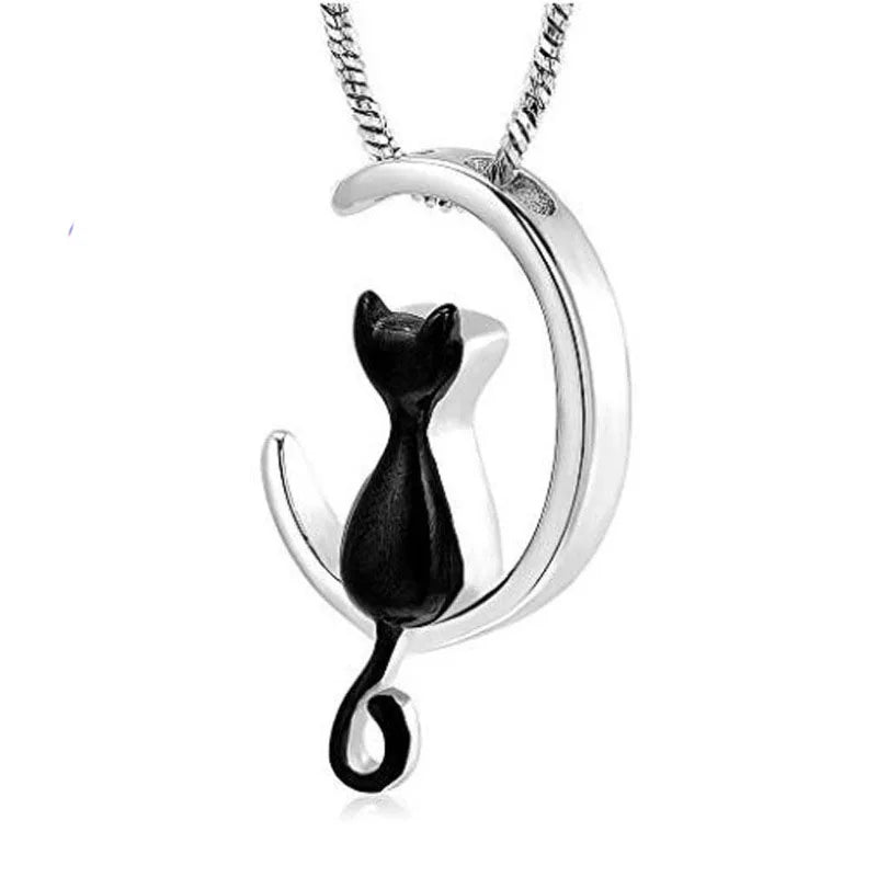Wholesale Moon Cat Design Enamel Black Fashionable Hollow Cremation Cat Pendant Cute Pendant Stainless Steel Women Fine Necklace