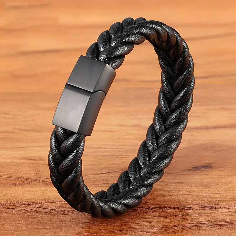 2025 Classic Men's Hand-Knitted Leather Bracelet Simple Style Magnetic Clasp Stainless Steel Fashion Charm Gift Idea