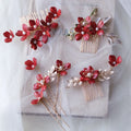 SLBRIDAL Handmade Rhinestone Pearls Red Flower Bridal Hair Comb Hair Pin Set Wedding Headpieces Women Jewelry Hair Accessories