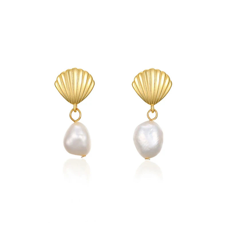 Irregular Natural Pearl Gold Plating Shell 925 Sterling Silver Dangling Earrings for Women Elegant Statement Jewelry