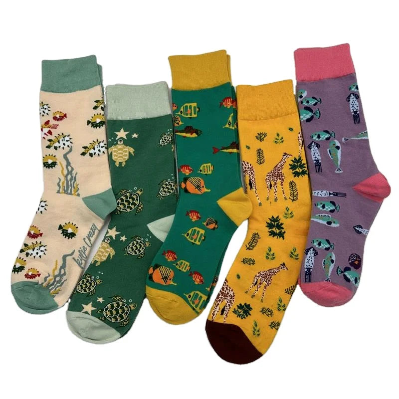 2023 Hot Sale 100% Cotton Mens Dress Socks Colorful Funny Animals Puffer Fish Turtle Squid Giraffe Tube Socks Cute Unisex Socks