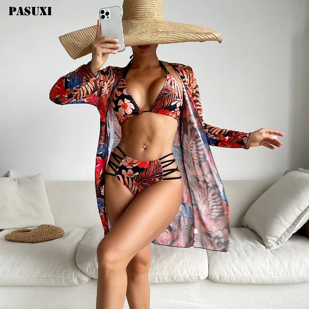 PASUXI Manufacturer Custom 3 Piece High Waist Swimsuit Bikini Sets Luxury Textured Fabric Thong Bikini Printed Swimwear