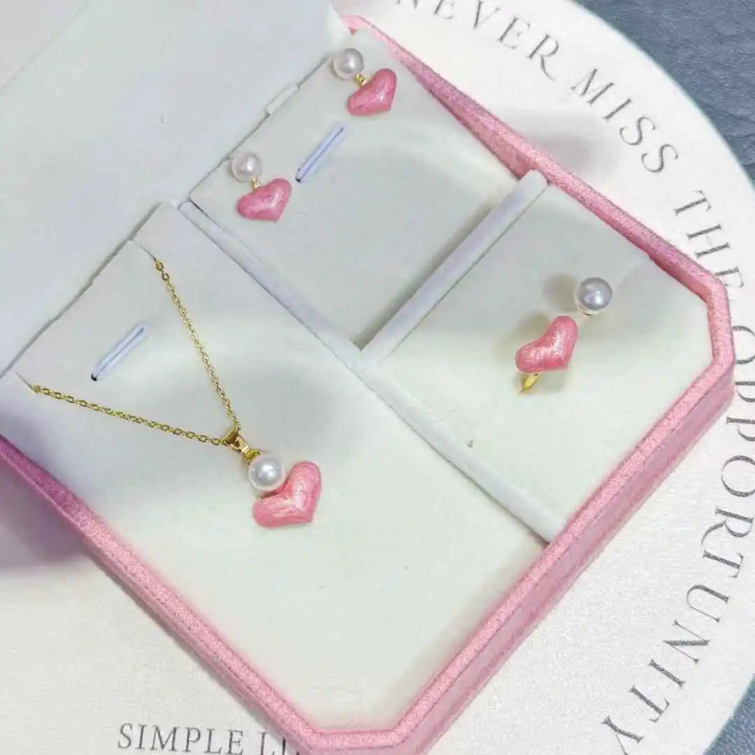 Dreamy Pink Love Little Princess Set 5-7mm AAAA Grade Gold Plated White Freshwater Pearl Trendy 40cm Jewelry Set Necklace Ring