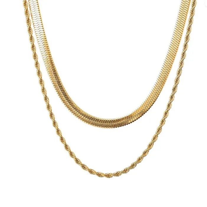 YF3227 Waterproof Jewelry 18K Gold Plated Layering Necklaces Stainless Steel Double Layer Flat Chain Snake Rope Chain Necklace