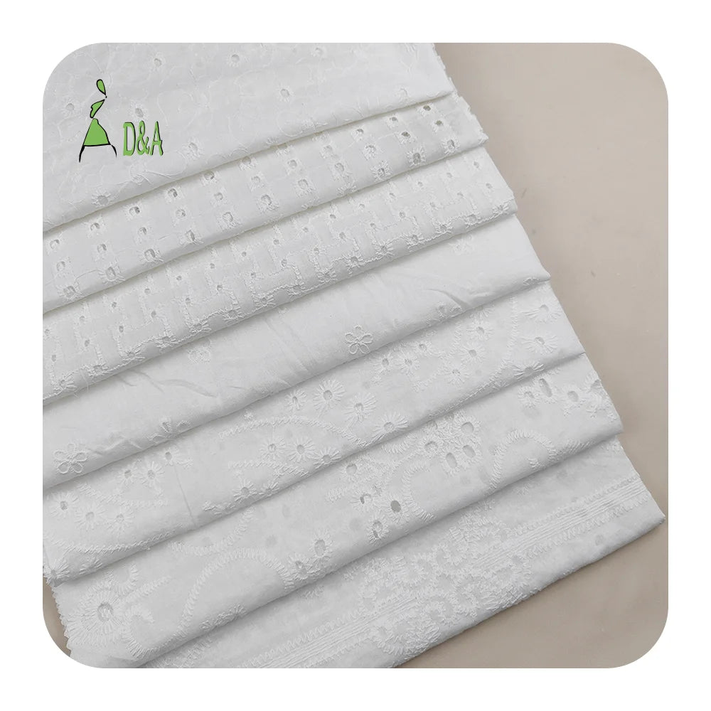 Lady Top 100% Cotton Lace Embroidered Eyelet Fabrics Summer Spring Africa White Woven Technics for Wedding Accessories