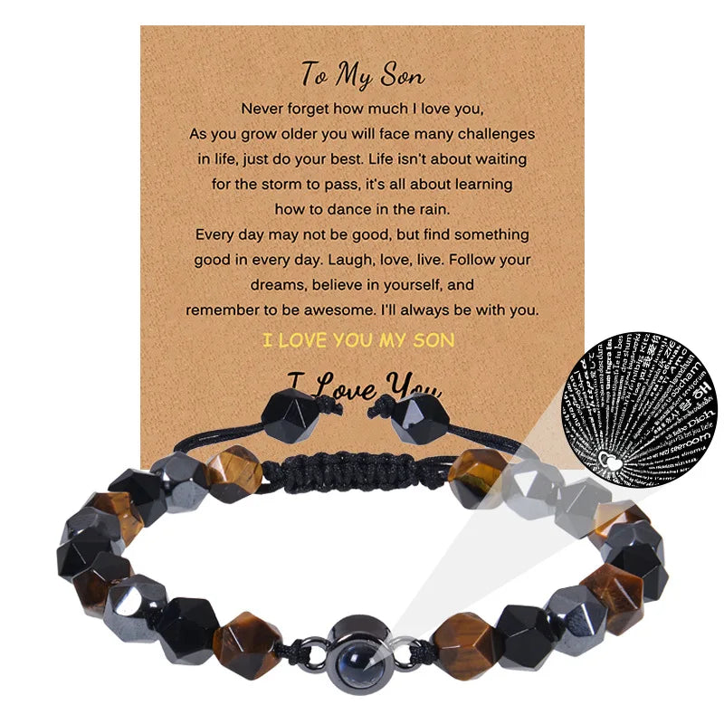 100 Languages Projection Stone Bracelet With Card 8mm Cut Tiger Eye Stone Black Magnet Bracelet