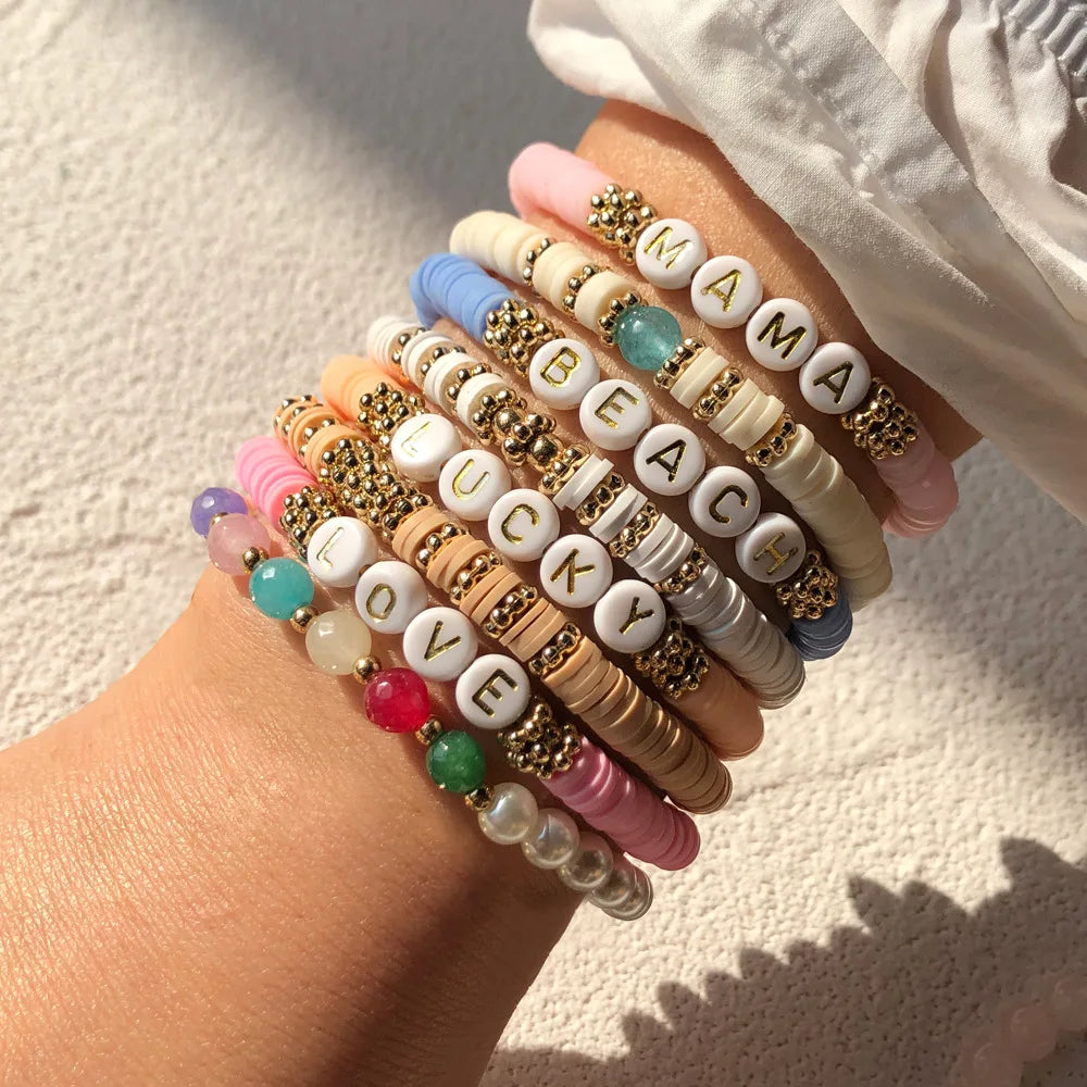 Custom Unisex Bohemia Heishi Bracelets Summer Rainbow Vinyl Disc Beaded Stretch Bracelet Initial Letter Elastic Friendship