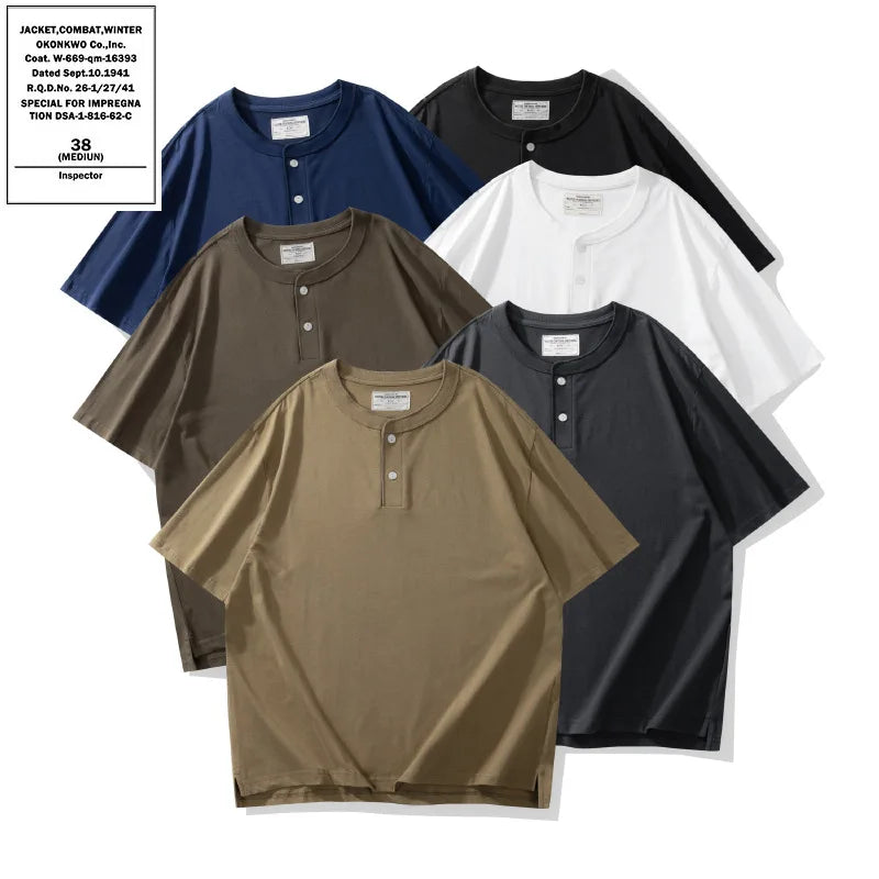 Summer New Men 100% Cotton Knitted T-Shirt Loose Casual Short Sleeve Henry Neck Plain Solid Eco-Friendly Design Wholesale Bulk