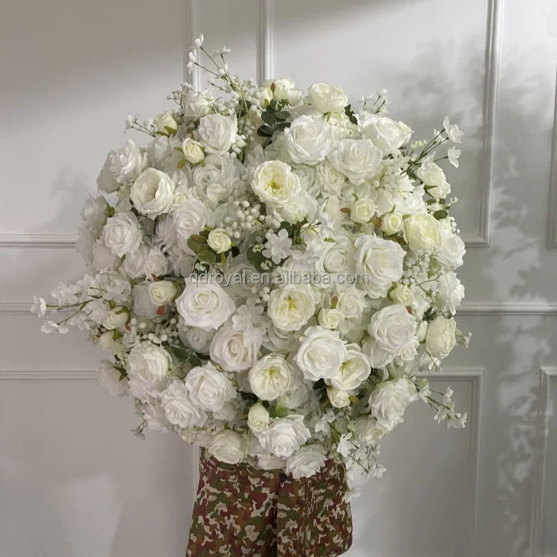 Handmade Green Leaves White Rose Flower Ball Table Centerpiece Wedding Decoration Fabric Placement Setting for Party Events