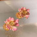 French Vintage Enamel Drop Glaze Pink Lotus Stud Earrings Gold Plated Premium Light Luxury Style Earrings Jewelry