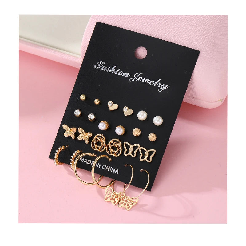 12 Pcs/Set Pearl Heart Heart Rhinestone Butterfly Earrings Set for Women Jewelry Wholesale