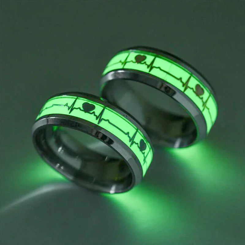 Fashion Stainless Steel Luminous Finger Ring for Women Men Glowing in Dark Heart Couple Wedding Bands Jewelry Gift Accessories