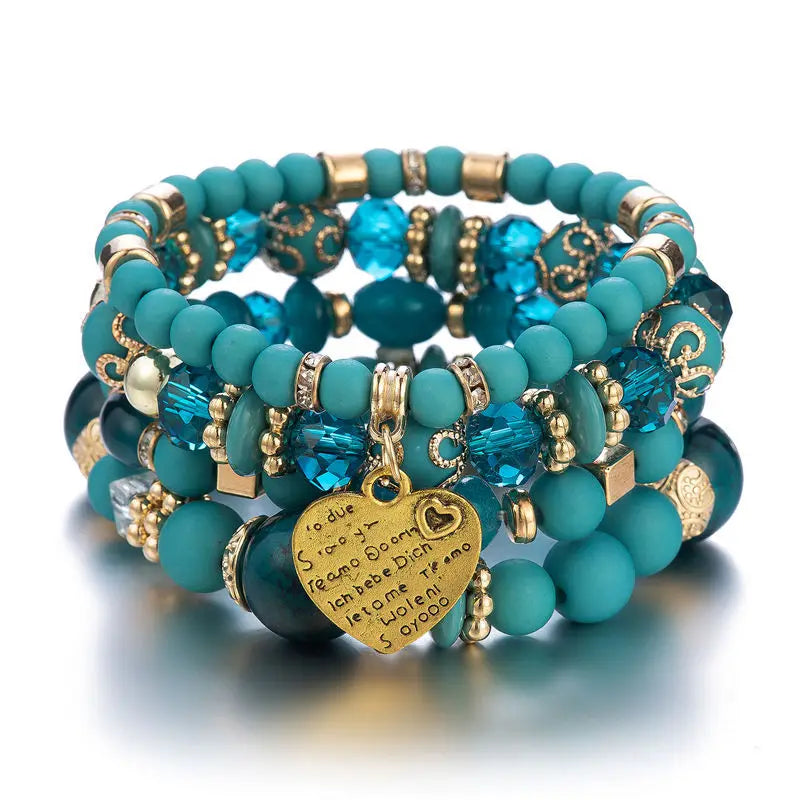 Antique Gold Plated Heart Pendant Stretch Multilayer Colorful Resin Beads Bohemia Bracelet Set Jewelry for Women