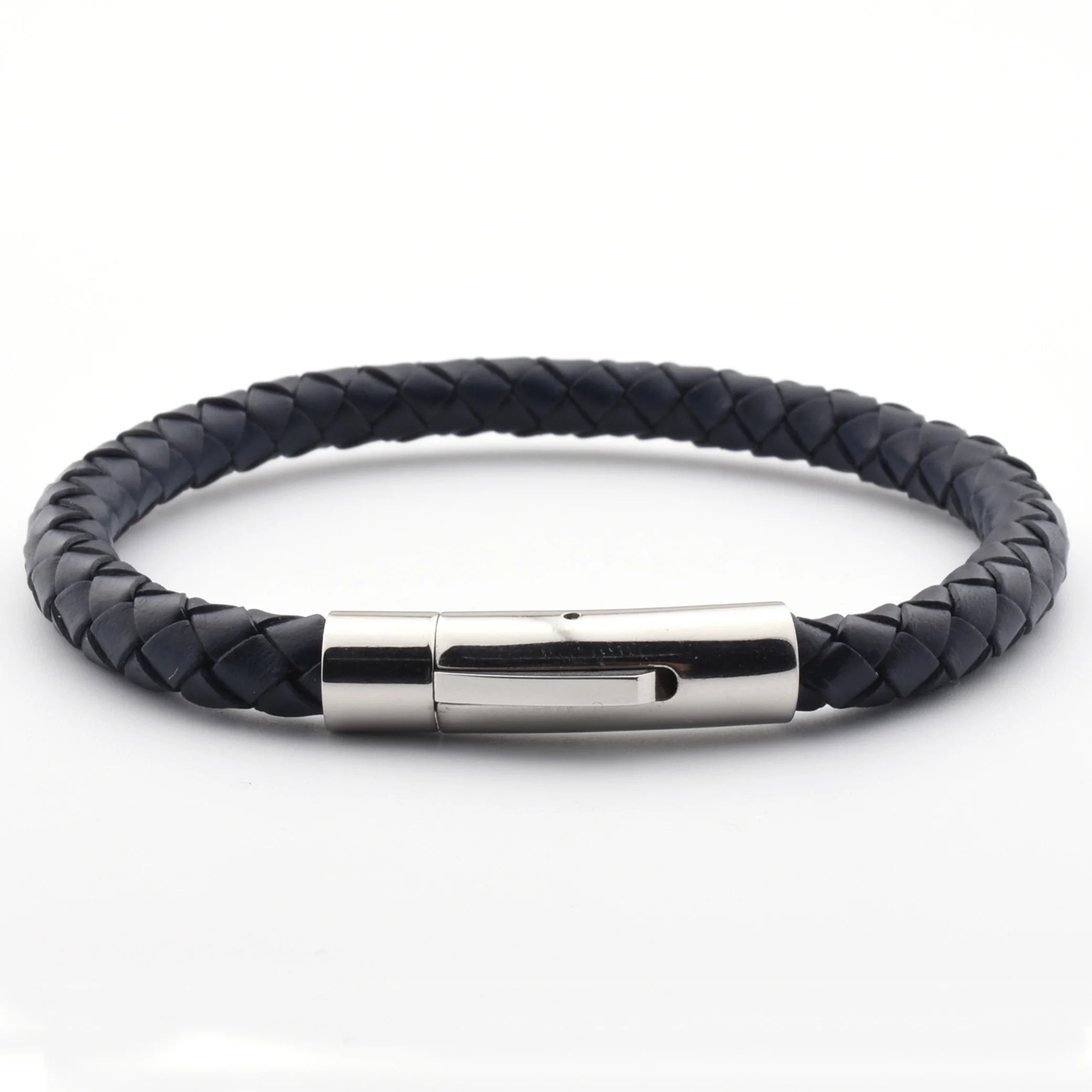 Factory Customized Logo Navy Blue Leather Braided Bracelet for Men With Stainless Steel Clasp