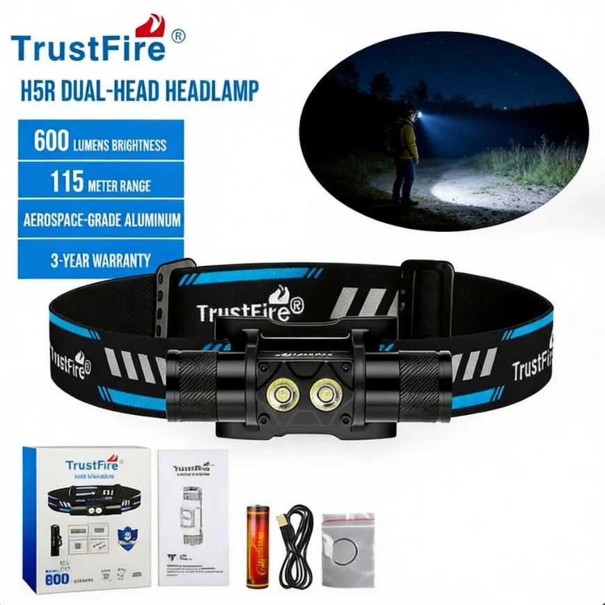 Factory Wholesale TrustFire H5R Aluminum HeadLamp 600lm Torch Light High Power Rechargeable Flashlight for Outdoor Activities