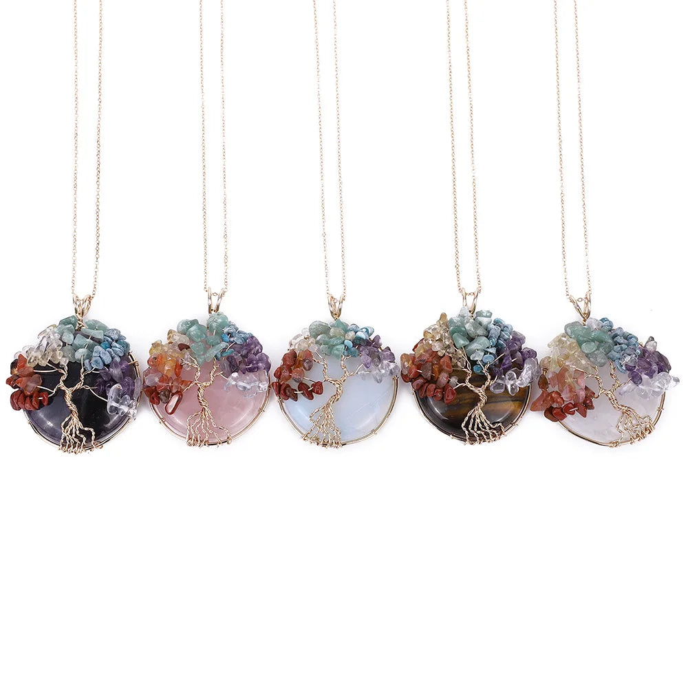 Natural Lucky Crystal Tree of Life Wire Wrapped Handmade Chakra Energy Necklace Pendant