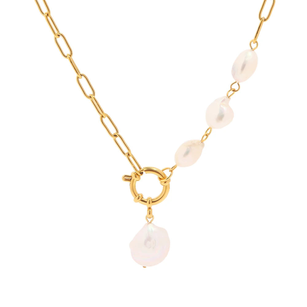 New Jewelry Stainless Steel Spring Lock Half Paperclip Chain Freshwater Pearl Necklace for Women