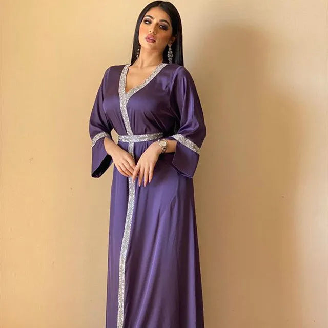 Pure Color Diamond Studded Muslim Middle East Maxi Dress Ladies Belt Robe Allure Modest Turkey Long Muslim Women's Lehenga Choli