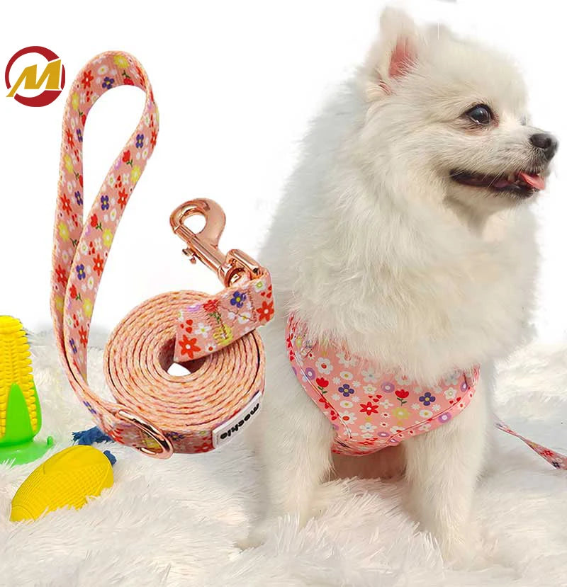 Flower Pattern Harness Neoprene Adjustable Designer Reversible Puppy Luxury Dog Pet Collars & Leashes