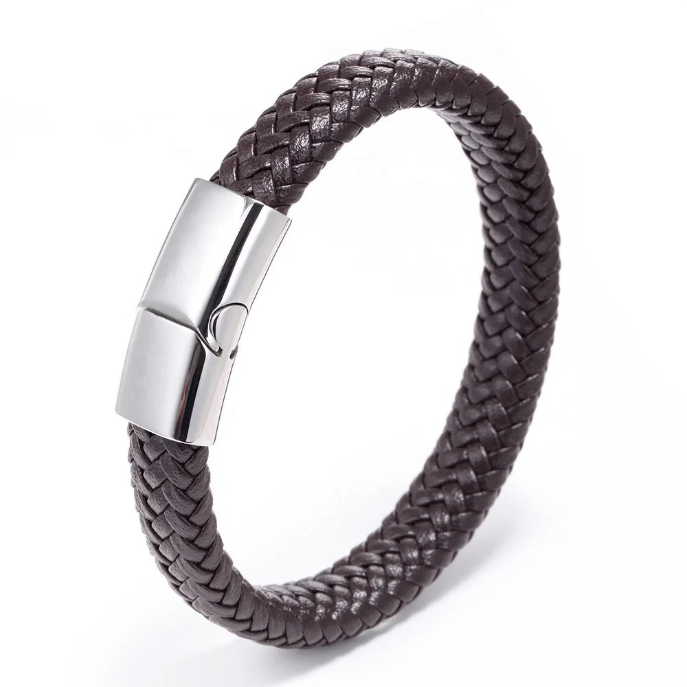 Hand-Woven Vintage Stainless Steel Leather Cord Bracelet for Men New Fashion Charm Accessory