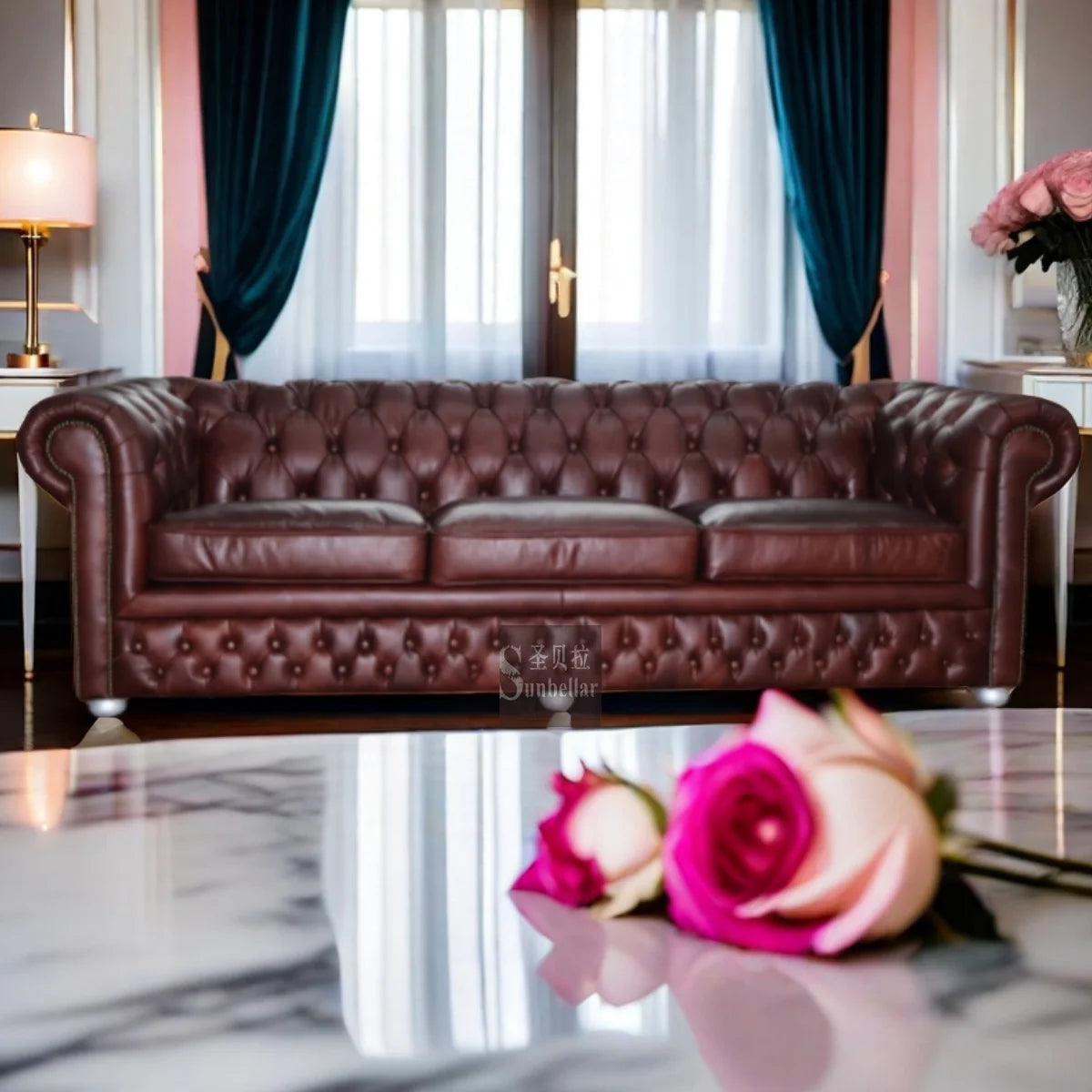 American Style High End Vintage Red Chesterfield Sofa Genuine Leather 3 Seat Classic Top Grain Leather Living Room Sofa Couch MegaBDM