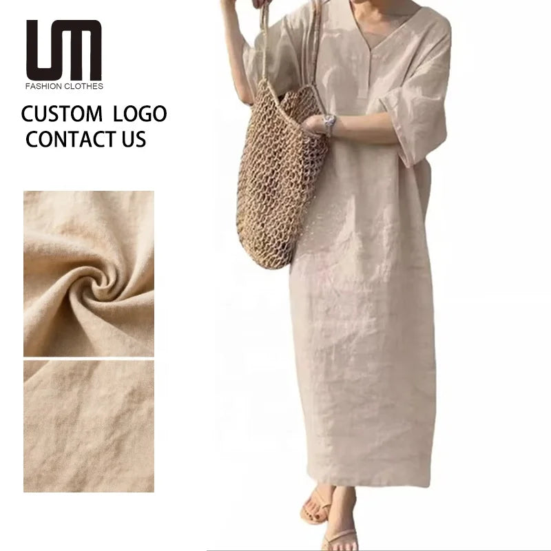 Liu Ming Oem Wholesale Retro Fashion Summer Women Casual Loose Short Sleeve Solid Color V Neck Cotton Linen Long Dress